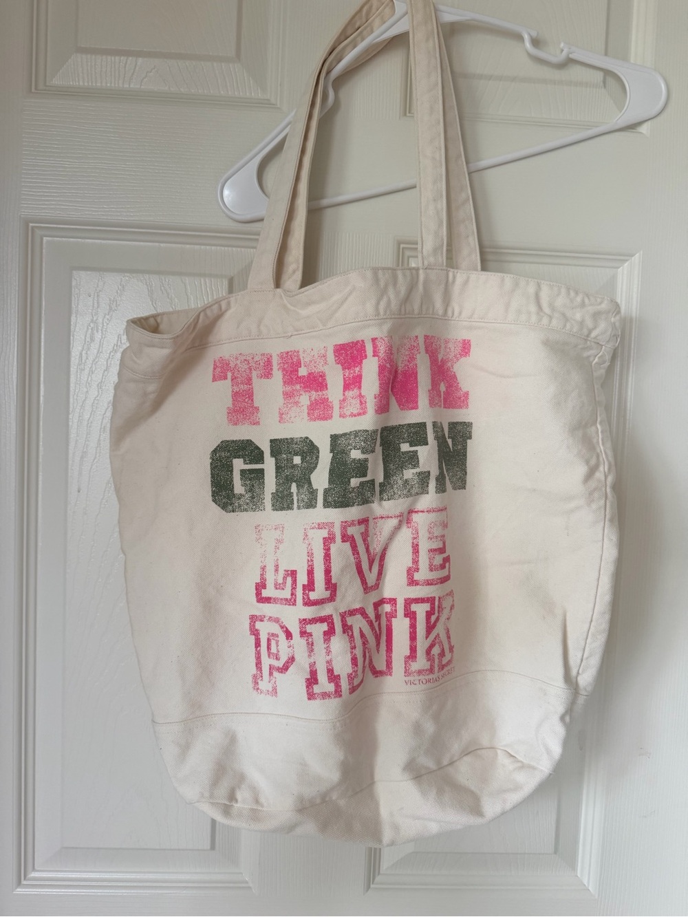 PINK Victoria's Secret Cream Canvas Tote with Pink and Green Lettering